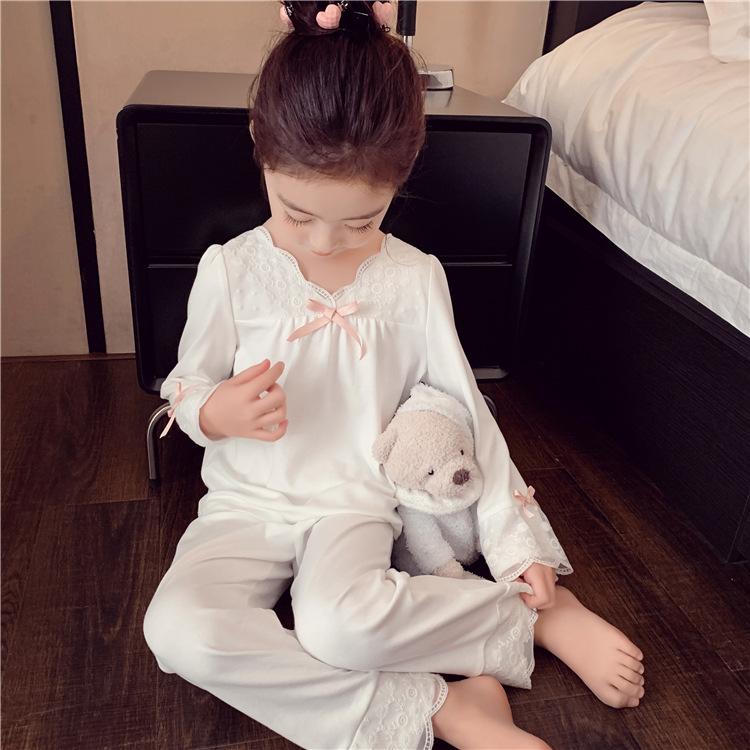 Mädchen Frühling Herbst Leichtes Langarm Pinkes Pyjama-Set mit Spitzenbesatz