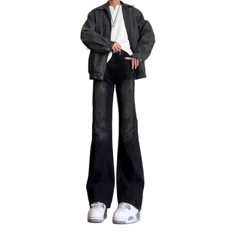 Black pleated scimitar jeans men's American high street vibe pants washed retro slim straight micro-pull pants