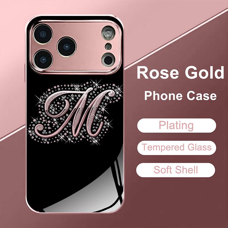 Buchstaben M Muster Rosa Metallisch Gehärtetes Glas Handyhülle Für iPhone 17 16 15 14 13 12 11 Pro Max 15 14 Plus 17 Air 16E Hülle