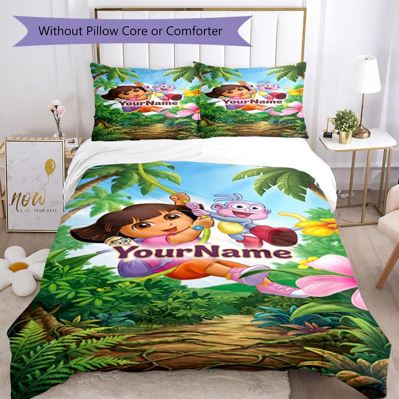 Dora Explorer Customize Your Name Bedding Set Breathable Duvet Cover with Pillowcases Home Decoration Birthday Gift