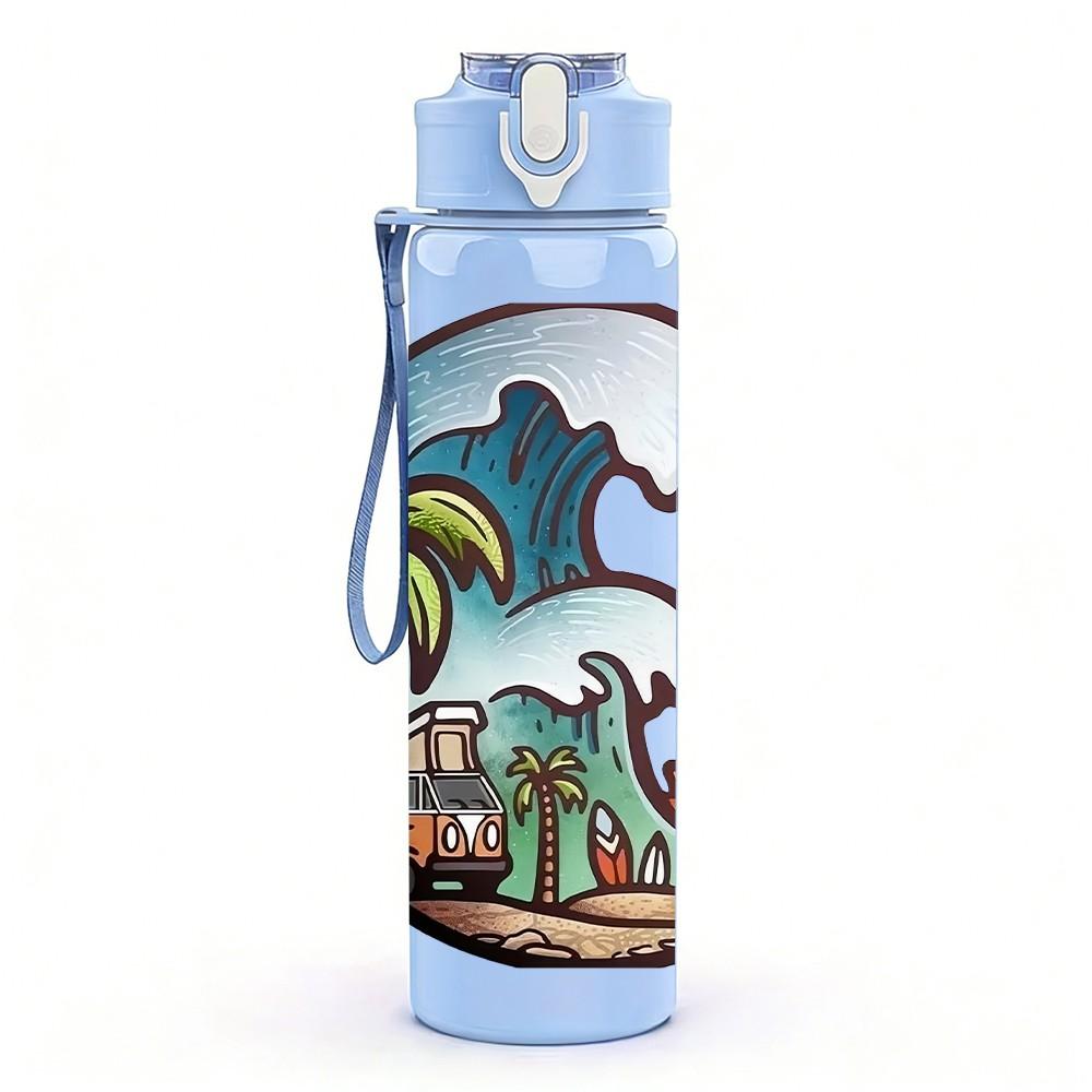 1PC Tropical Island Wave Ocean Print 750ml Color Plastic Sports Water Bottle Leakproof Flip Straw Lid Suitable for Sports Office Home Use