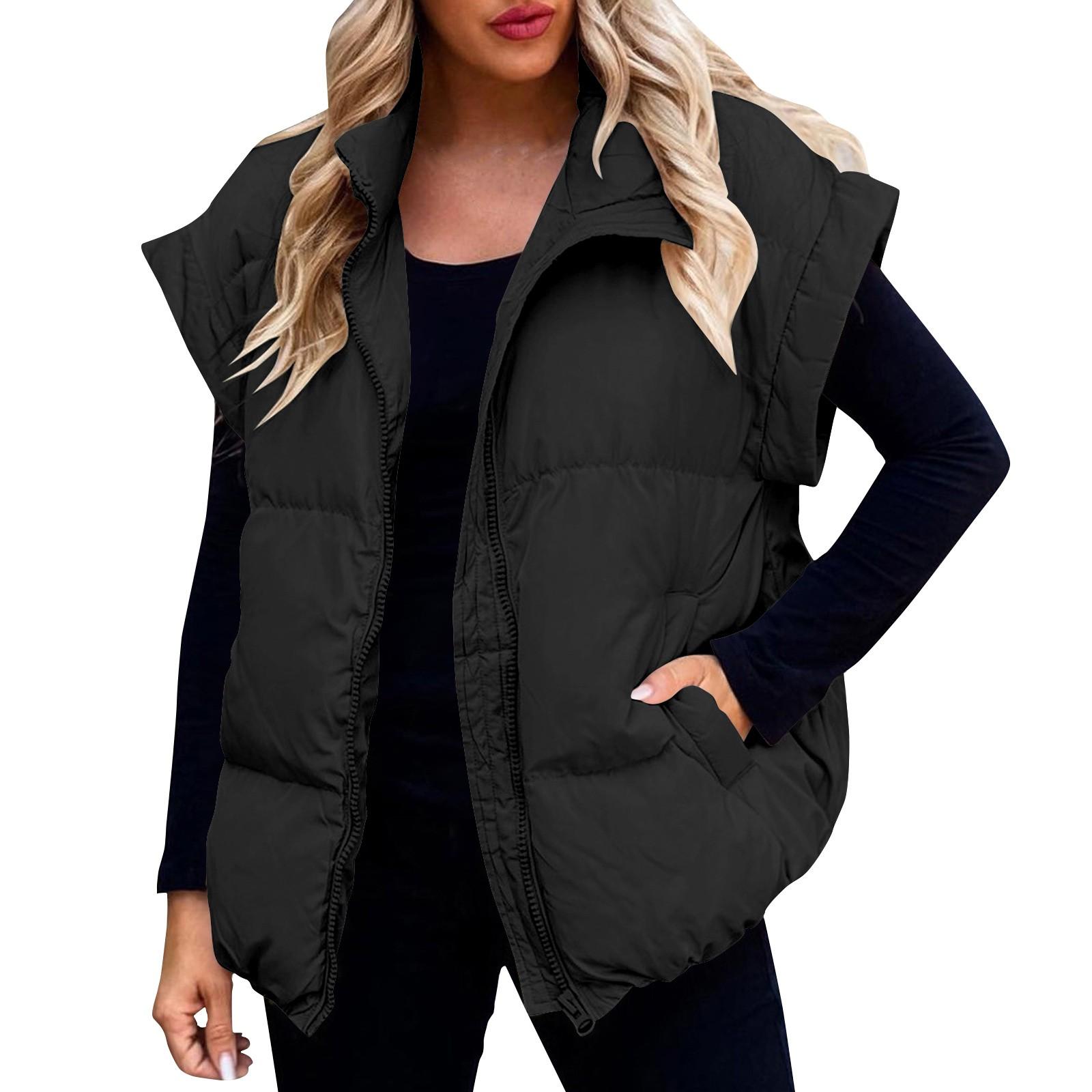 

Женский повседневный зимний жилет с воротником-стойкой, без рукавов, пуховые куртки, пальто с карманами, зима XL чёрный