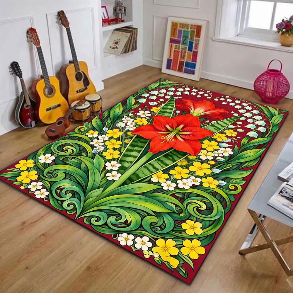 Red Lily Floral Pattern Design Patterned carpet, suitable as a non slip play mat for the living room and bedroom sofa