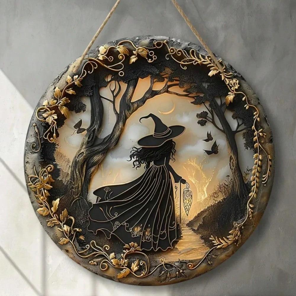 Gothic Witch Decor Round Metal Wall Art Acrylic Plaque for Home Kitchen