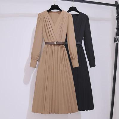2024 Early Autumn Hong Kong Style French Pleated Long-Sleeve Dress for Women: Elegant Socialite Skirt