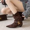Sheepskin Version Retro Niche Design Pleated Stacking Boots Low Heel Thin Western Boots Fashionable Versatile Women's Thin Boots