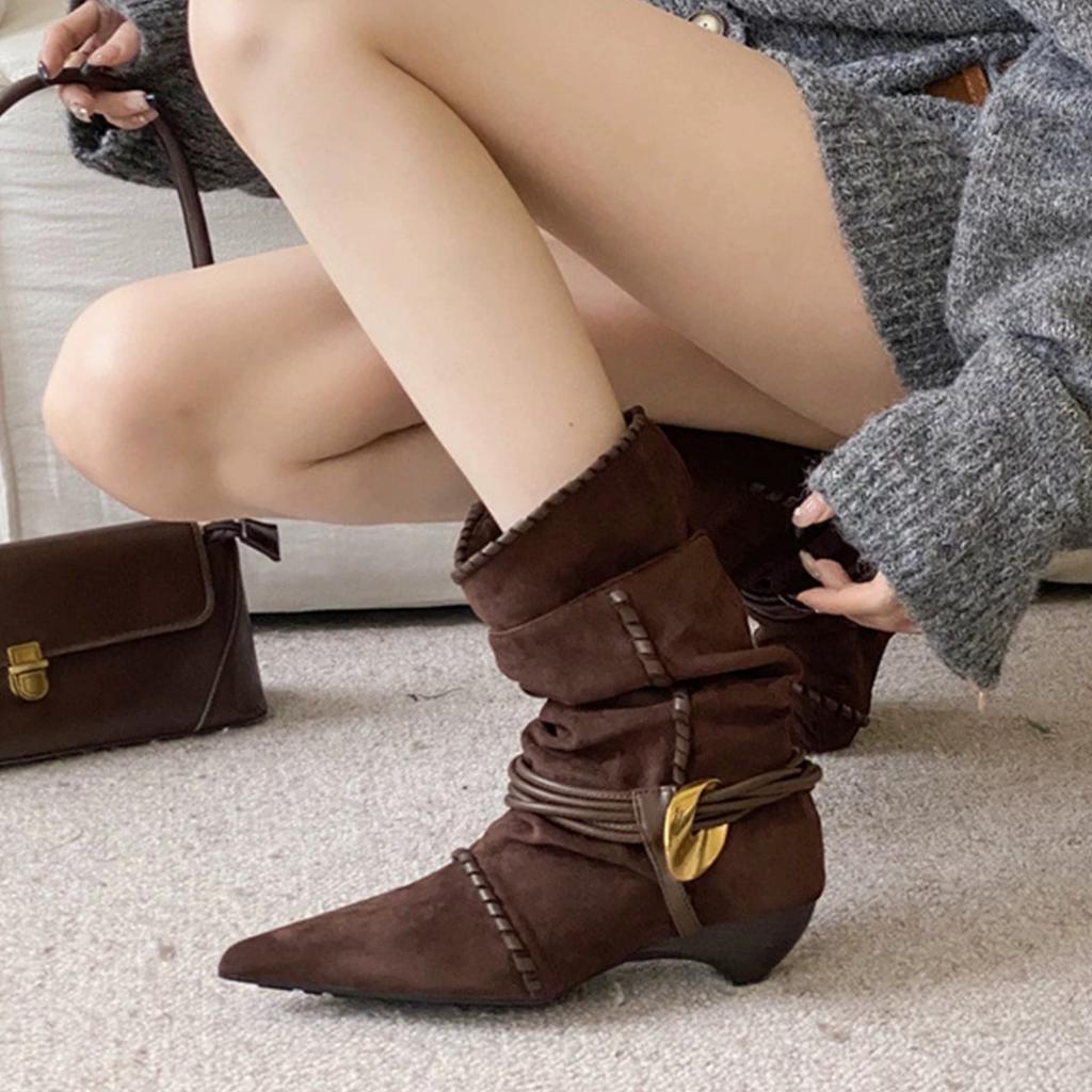 Sheepskin Version Retro Niche Design Pleated Stacking Boots Low Heel Thin Western Boots Fashionable Versatile Women's Thin Boots