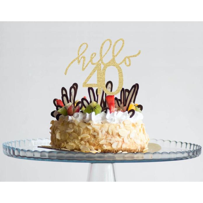 AHAORAY Hello 40 Cake Topper - Gold Glitter 40th Birthday Cake Decorations - 40 Wedding Anniversary Party Cake Decor