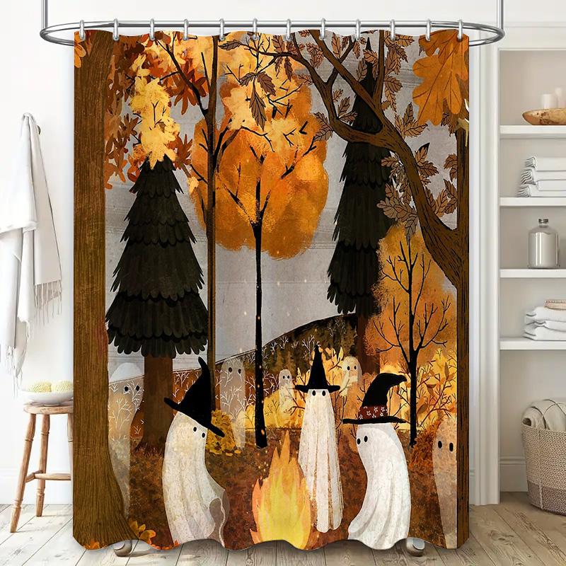 Spooky Halloween Shower Curtain Set Witch Forest Ghost Themed Bathroom Decor Gothic Horror Backdrop Vintage Halloween Party Supp