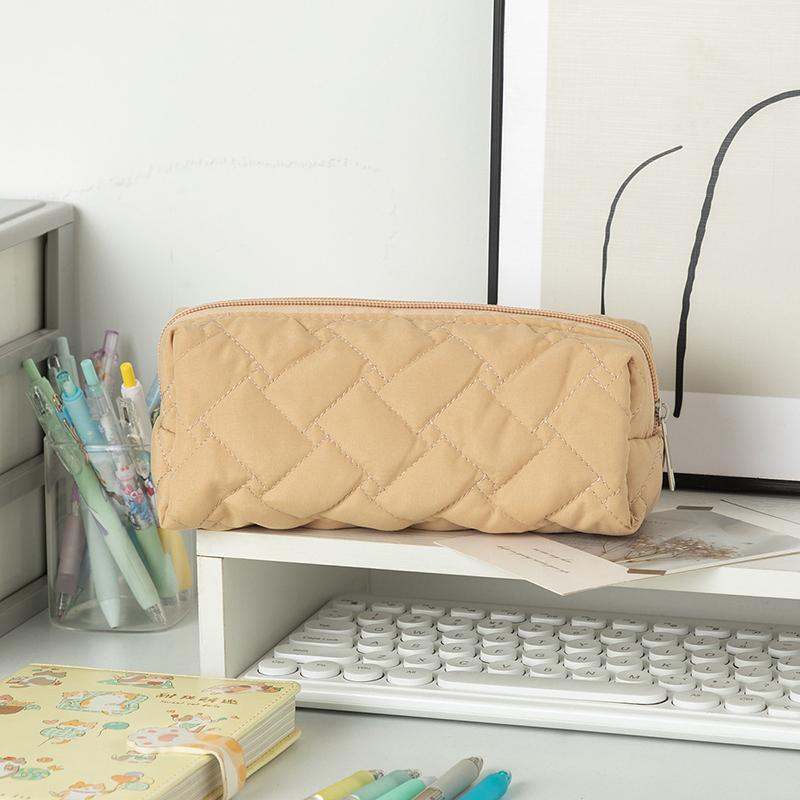 Large Capacity Pen Bag Organizer Simple Solid Color Quilted Pencil Case Cosmetic Bag Stationery Storage Pouch School Supplies