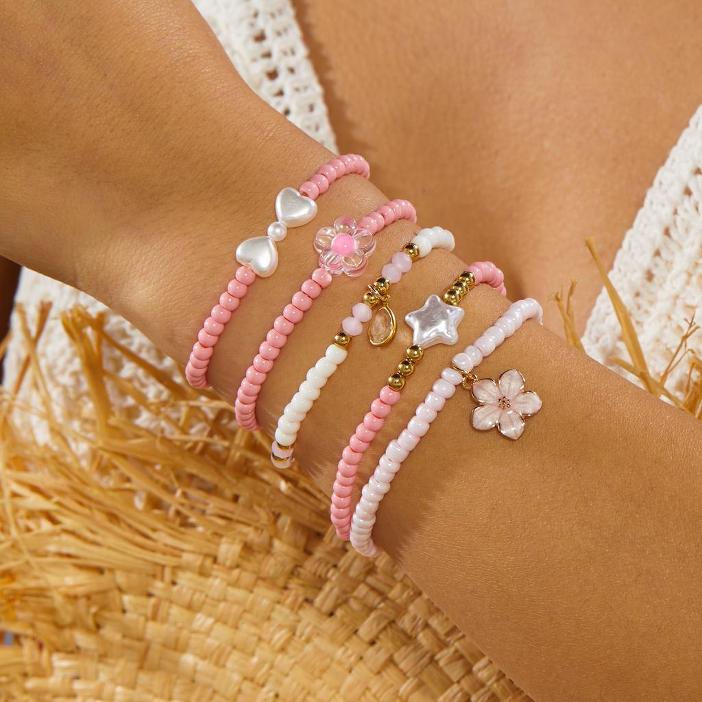 6Pcs Cute Bowknot Heart Bracelet Set For Women Pink Acrylic Beads Imitation Pearl Elastic Bangles Party Daily Sweet Jewelry