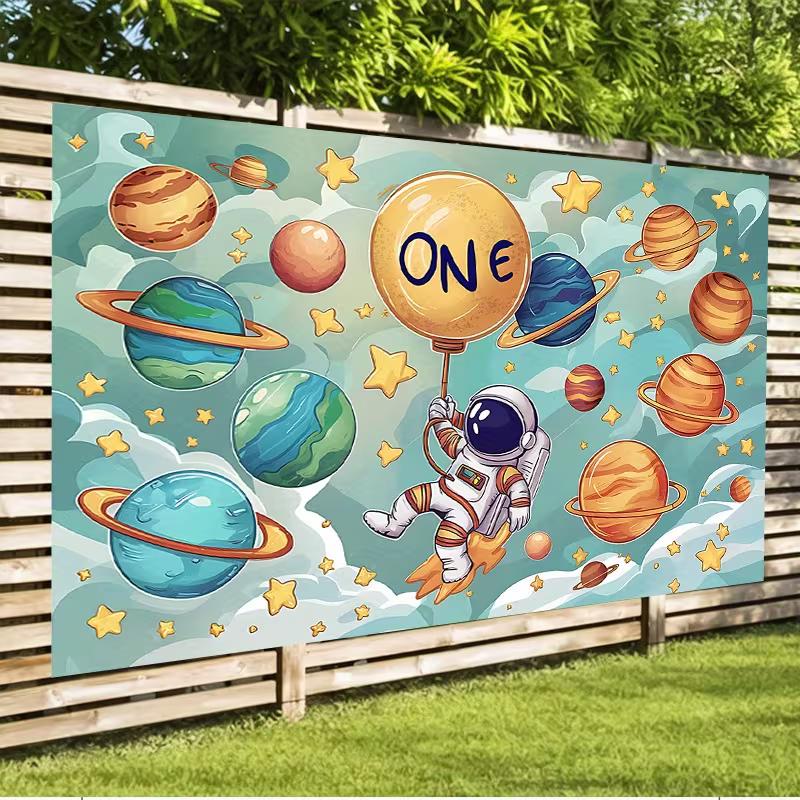 2D Space Themed 1st Birthday Backdrop, Planets & Astronaut Background for Photoshoot