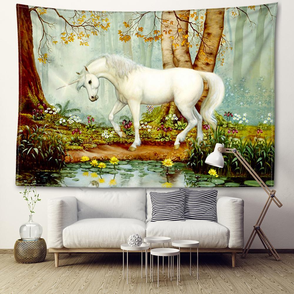 

Unicorn printed tapestry in the forest, dreamy and cute style room, living room wall hanging art wall decoration 95x70cm