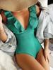 Europeisk och Amerikansk Stil Dammode Volangad Magekontrollerande Bikini Snörning i Ryggen Badkläder Djup Urringning Monokini Baddräkt En Del Rygglös Badklänning
