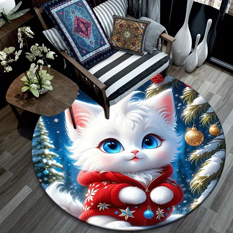 1pc Soft, Absorbent & Non Slip Christmas Kitten Round Rug Soft Circle Rug for Living Room & Bedroom Decor, Chair Mats, and Unforgettable Hom