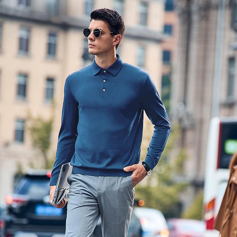 Wang Qiu Men's Polo Collar Wool Sweater - Plain, Warm, Machine Washable, Long Sleeve (X5878) for Autumn and Winter