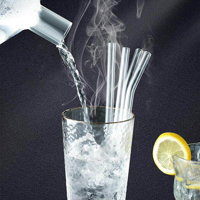Baijie High Borosilicate Silicone Straw Set, Cold And Heat Resistant Non-Disposable Straw Stirring Spoon, 4 Straws + Storage Box + Straw Brush