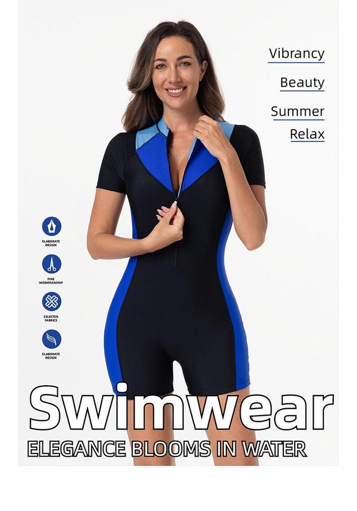 2026 Women's Short Sleeve Color Block Zipper Surfing Swimsuit - European & American Slimming Wetsuit