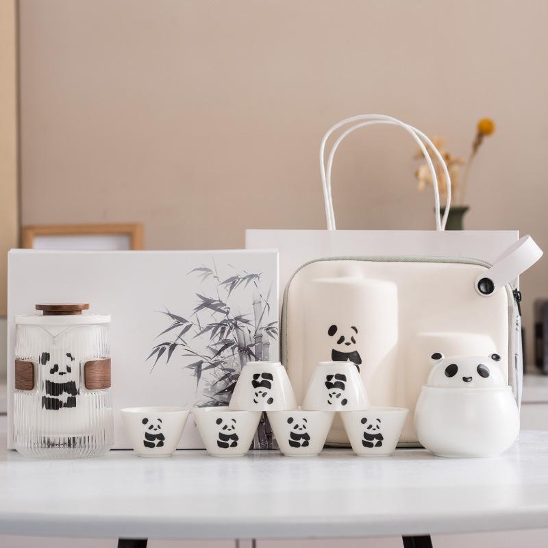 Panda Merchandise Travel Tea Set a Pot of Three Four Six Cups Suet Jade Porcelain High-end Corporate Business Gift Set