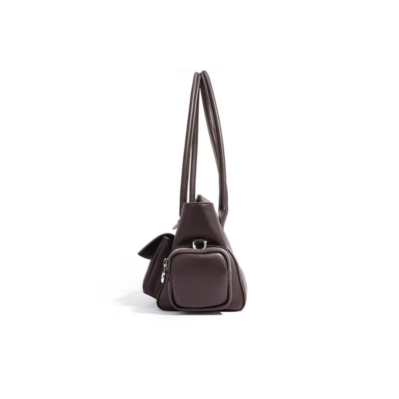 Motorcycle Style Multiple Pockets Design Large Tote Glossy Split Cow Leather Women Handbag Vintage Shoulder Bag Long Handle