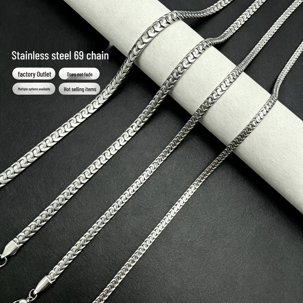 European Stainless Steel 69 Chain Necklace: Versatile Jewelry Accessory for Men & Women, Hip Hop Style in Titanium Steel.