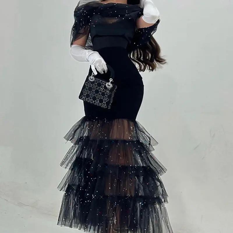 

2024 Black Mesh Sequin Midi Skirt Dress XX-Large чорний