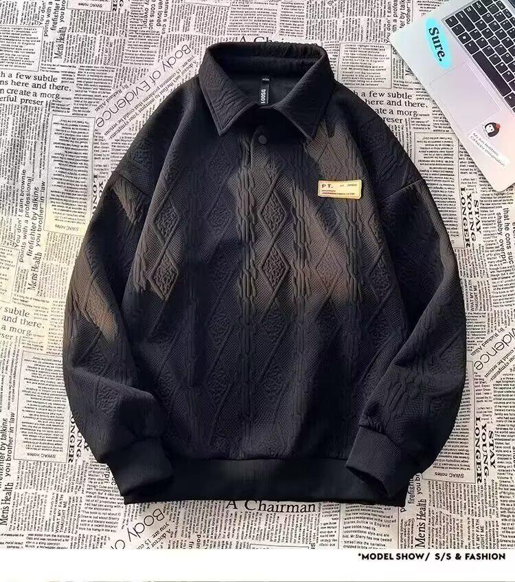 Men's Casual Loose Long Sleeve Polo Hoodie - Trendy Spring/Autumn Lapel Jacquard Top for Couples
