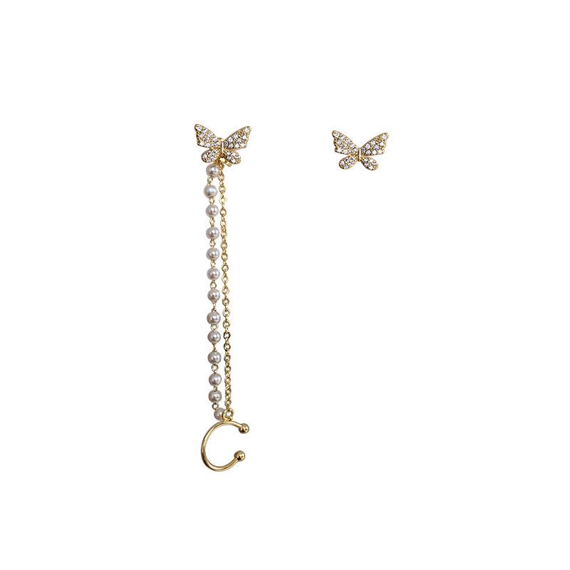 French Retro Zircon Butterfly Pearl Tassel Ear Clip: Versatile Niche Earrings