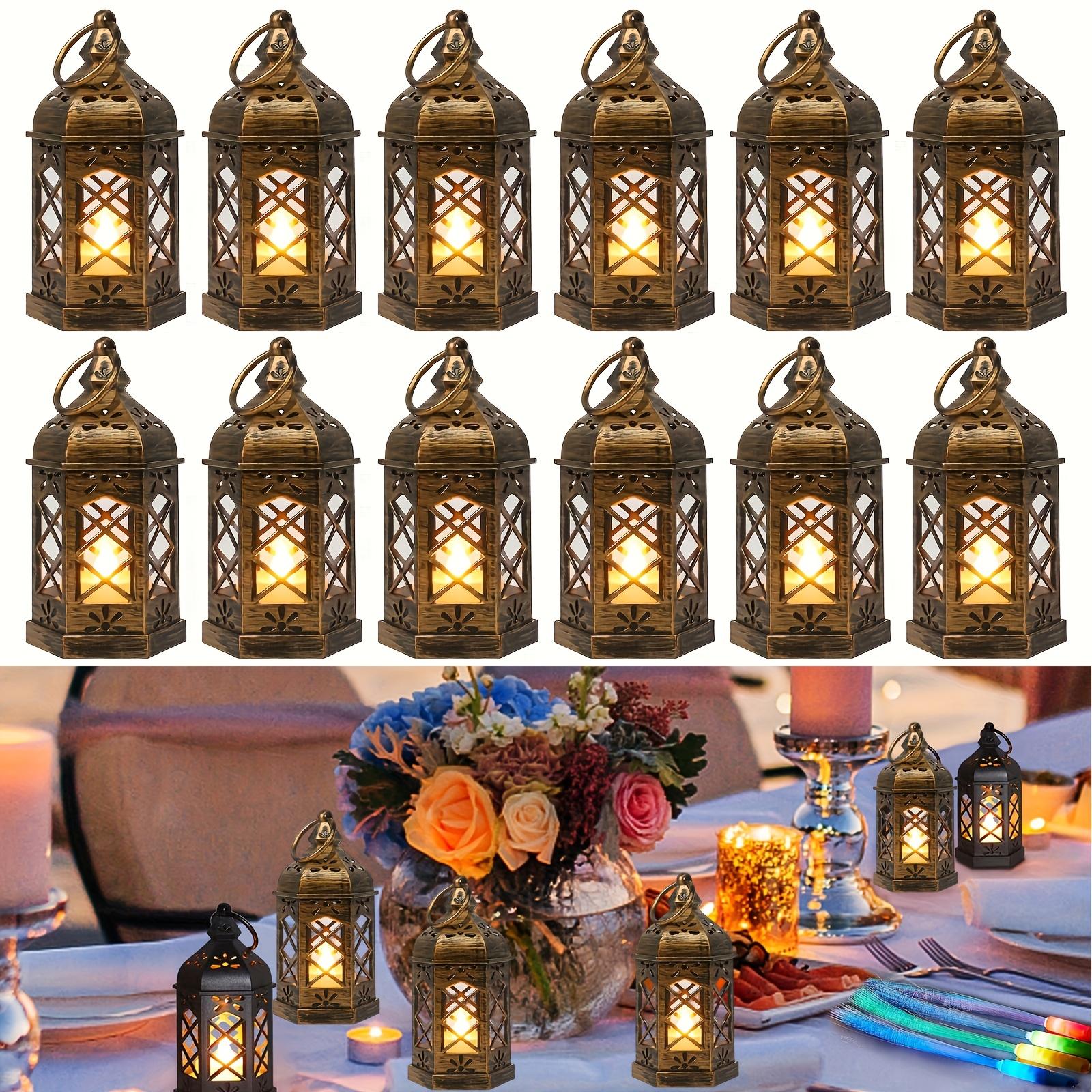 12pcs Small Candle Lanterns,Mini Lantern with Flicker LED Candle,Decorative,Vintage Hanging Lantern Decorations,Moroccan Lantern (as the picture,2.5*6inches)