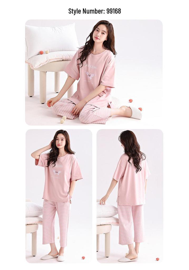 Women's Pure Cotton Pajama Set: Short Sleeve, Seven-Point Pants, Loose Fit, Built-In Bra Pads, Comfortable Home Wear.