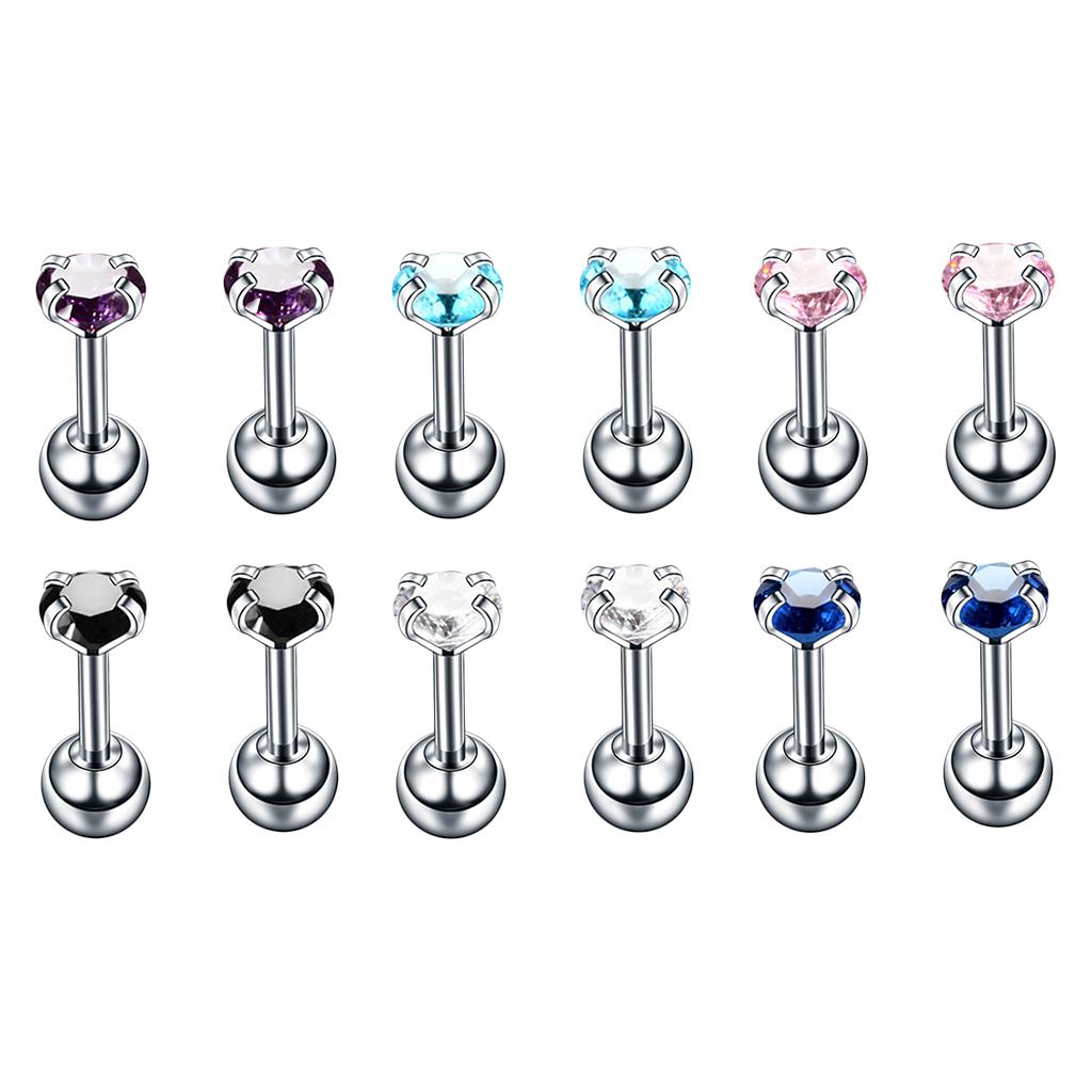 12 Pieces 16G Stainless Steel Cubic Zirconia Earrings for Women Stud Body Jewelry Set