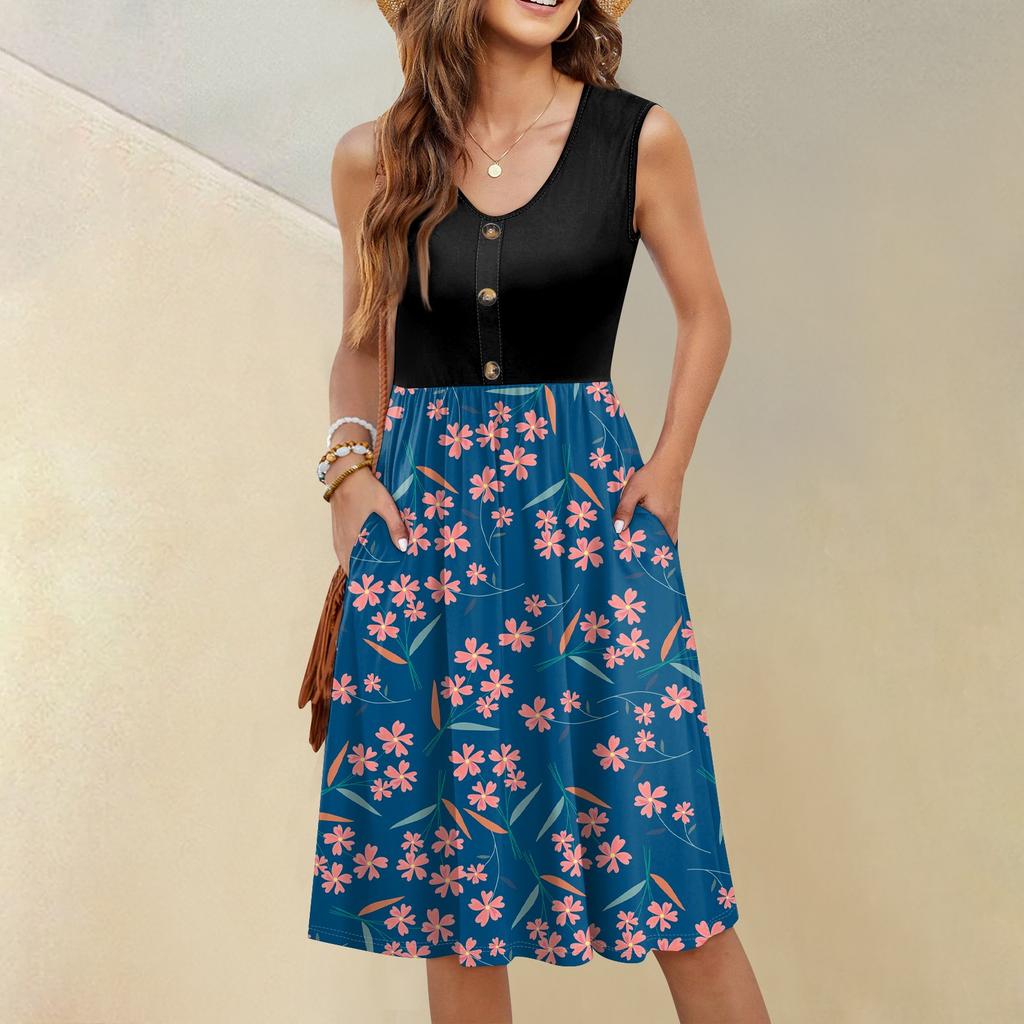 Damen Ärmelloses Lässiges Urlaubs Locker Schwingendes Geometrisches Knopf Midi-Kleid mit Taschen