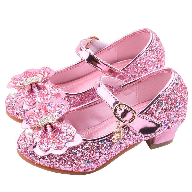 Princess Girls Shoes Party Dance Show Single Leather Shoes Bowtie Sequins Crystal Sandals Western Boutique Children'S High Heels