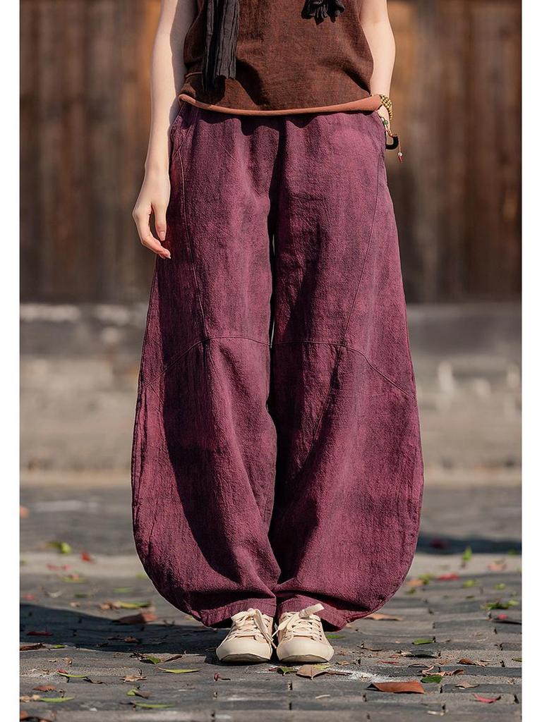 Women's Retro Ramie Sand-Washed Distressed Loose Lantern Pants for Meditation and Tai Chi