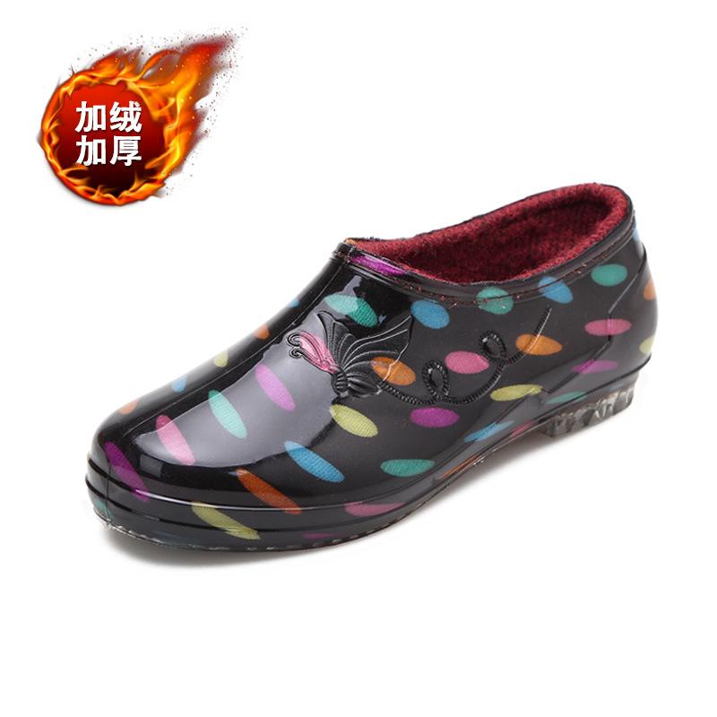 Fashion cotton rain shoes female adult low-top non-slip velvet warm kitchen water shoes women's work rubber shoes overshoes winter
