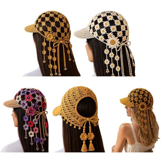 Breathable Summer Headwear Hand Crocheted Sunflower Baseball Cap, Bohemian Tassel Bell Hat, Handmade Knit Cutout Floral Spring Fashion Cap Beanie