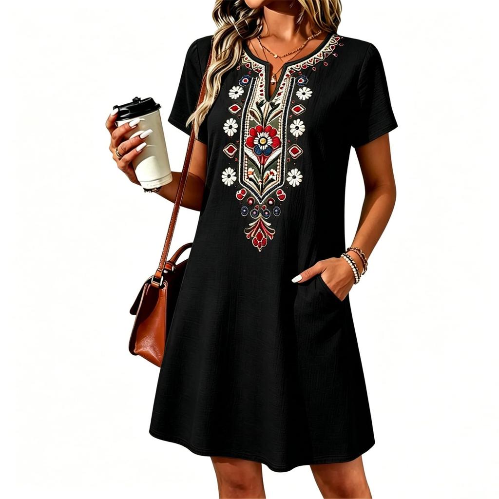 Robe Tunique Unie Brodée Décontractée Ample pour Femme Manches Courtes Col en V avec Poches Légère Confortable