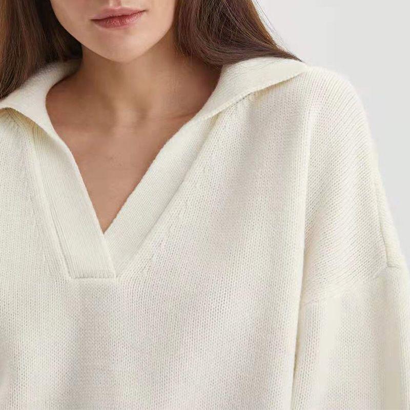 Women Autumn Polo Neck Long Sleeve Solid Color Long Sleeve Casual Knitted Sweater