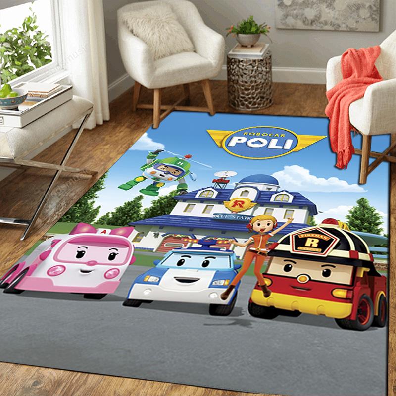 Robocar Poli cartoon theme Rug Floor Mat for Living Room or Bedroom Soft and Comfortable Carpet a Gift for Birthday and Holiday.