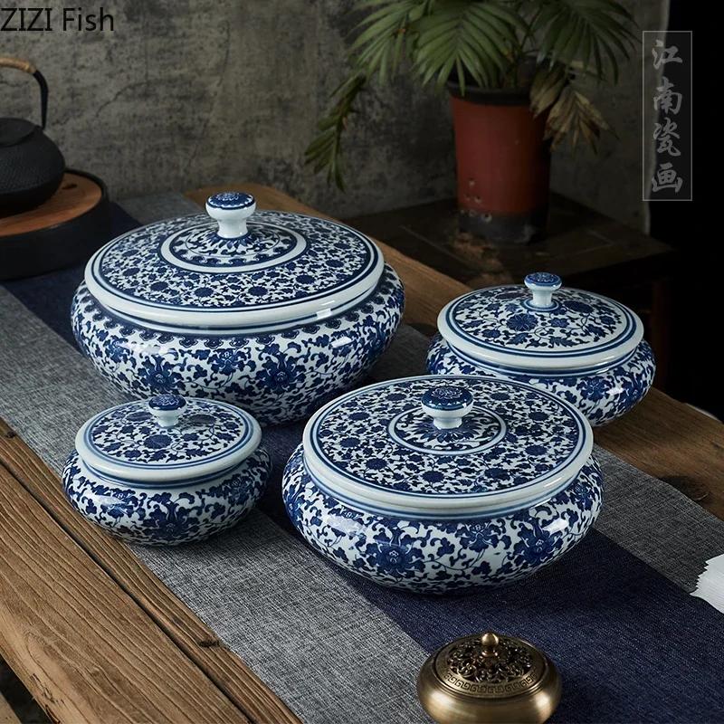 Borcan Ceramic Vintage cu Capac Model Floare Albastră Cutie de Ceai Ornament pentru Sufragerie Borcan Ceramic cu Bază Plată Decorațiune pentru Casă