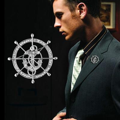 Fashion Navy Style Rudder Brooch Crystal Anchor Lapel Pin High -End Men 'S Suit Shirt Collar Pins Badge Jewelry Accessories