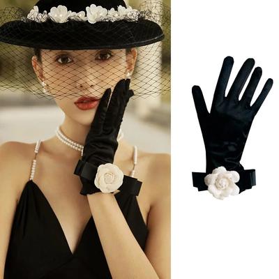 Original Celebrity Camellia Vintage Black Short Satin Hepburn Gloves Stage Banquet Bridal Accessories Modeling Photographic