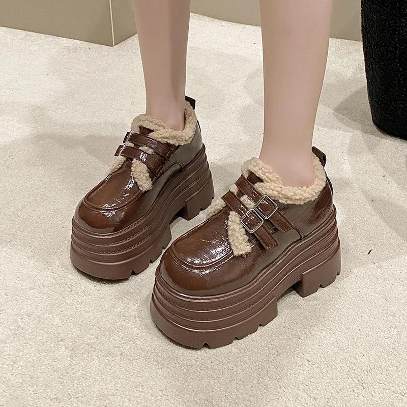 Fashion Women's Leather Platform Sneakers Autumn Winter Warm Plush Buckle Snow Shoes Thick Sole 10CM Heels Cotton Shoes Zapatos Mujer