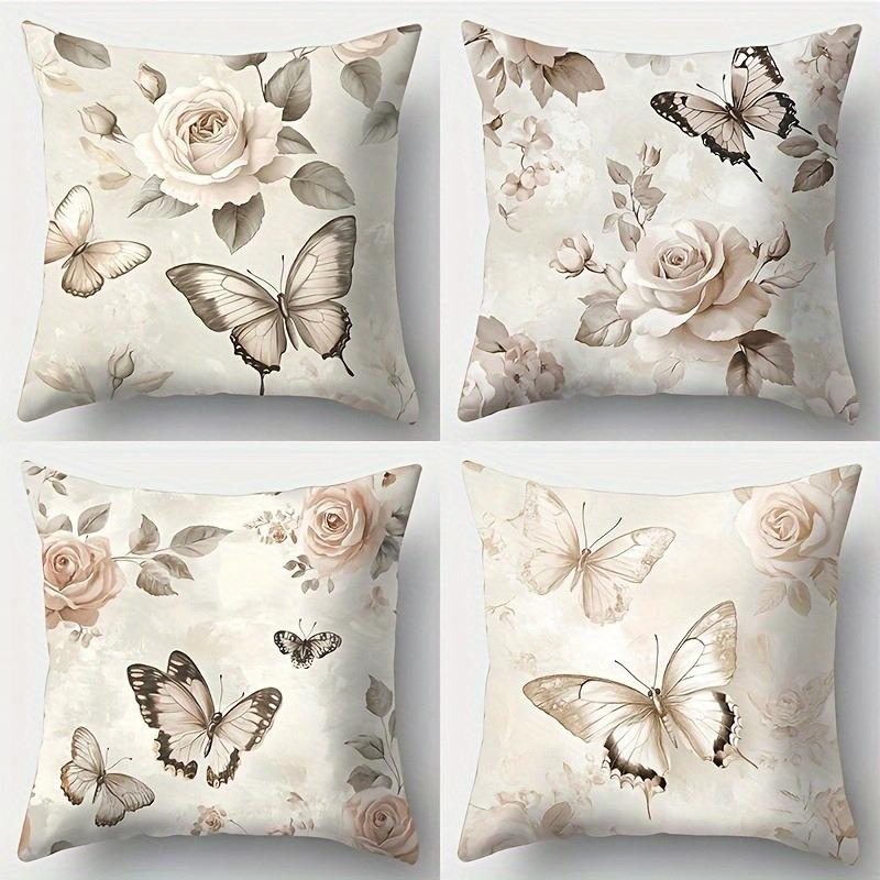 Vintage Rose & Butterfly Pillowcase, Beige Toned Botanical Design, Shabby Chic Home Decor Cushion Cover 4PC-45x45cm