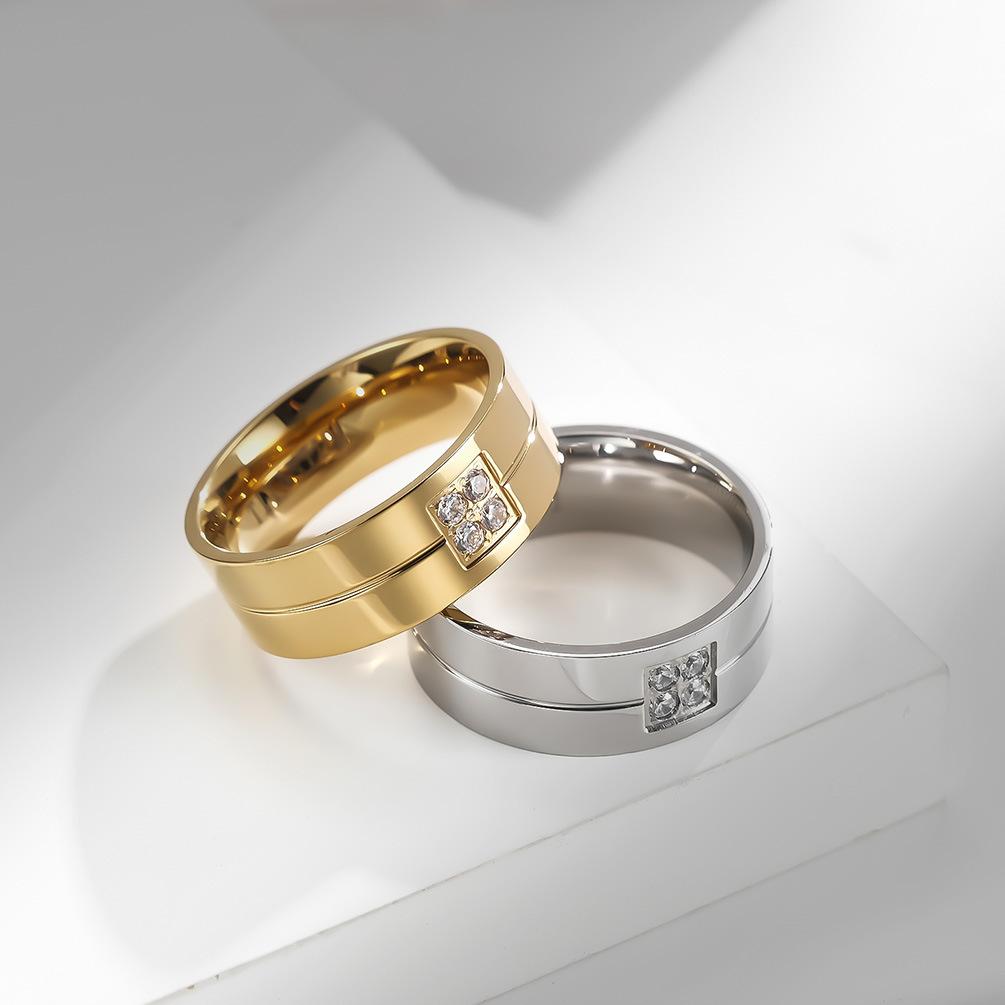 Stainless Steel Diamond Studded Wedding Ring, Titanium Steel Single Line Zircon Studded Couple Ring