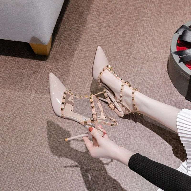 Rivet Nude High Heels Women's Thin Heels 2025 Spring and Autumn New Pointed Versatile Sexy Empty Women's Single Shoes