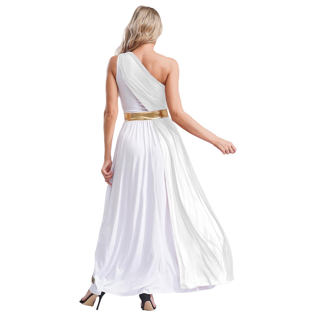 Womens Ancient Greek Praise Dance Dress One Shoulder Chiffon Overlay Vintage Trim Tunic Halloween Cosplay Party Gown