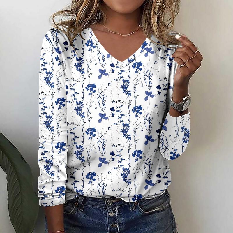 Plus size European and American Fashion 2025 Women's Elegant V-neck Long Sleeve T-shirt