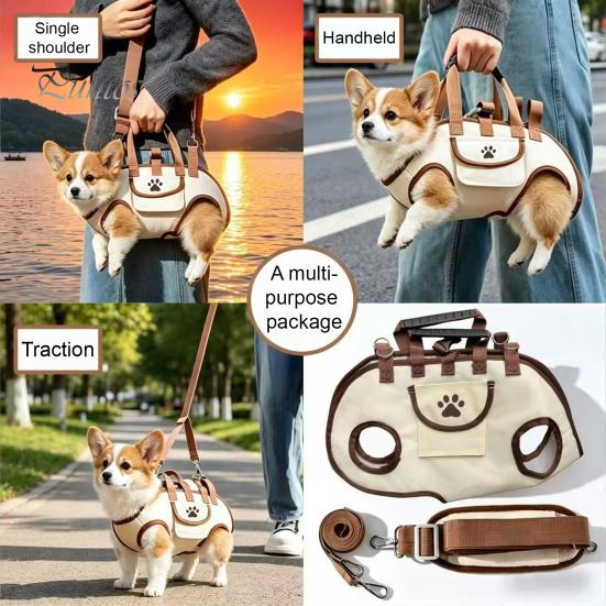 Stilvolle Haustiertransporttasche für den täglichen Gebrauch, Tragbare Tasche, Atmungsaktive Umhängetasche 2-in-1, Horizontale Wandertasche für Kleine Hunde, Leinen-Stil Reisetasche für Hunde und Katzen