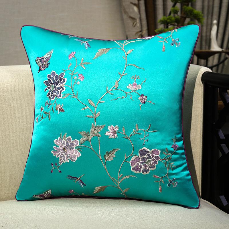 Chinese-style Embroidery Throw Pillow Redwood Sofa Cushion Cover Headboard Flowers Solid Wood Chair Lumbar Support Cushion Cover